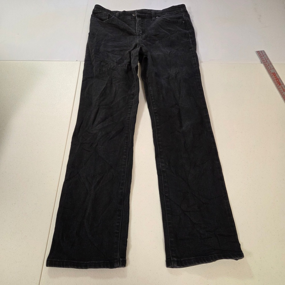 St Johns Bay Womens Straight Leg Jeans Black Denim Size 8 Mid Rise Stretch